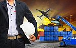 Working Man And Container Dock In Land ,air Cargo Logistic Freig Stock Photo