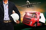 Working Man In Land By Truck And Air By Plane Logistic Industry , Transportation Business Stock Photo