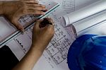 Workplace Of Architect - Architect Rolls And Plans.architectural Stock Photo