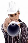 Young Architect Pointing His Blueprint Stock Photo