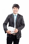 Young Asian Engineering Man Standing And Holding Safety Helmet I Stock Photo