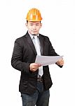 Young Asian Wearing Safety Helmet Working Engineering Man Holdin Stock Photo