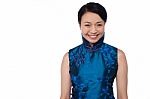Young Attractive Chinese Woman In Blue Dress Stock Photo