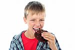 Young Boy Eating Chocolate Cookie Stock Photo