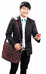 Young Business Man And Computer Laptop Suit Bag And Handle Paper Working Plan Wearing Western Suit Standing And Smiling To Camera Isolated White Background Stock Photo