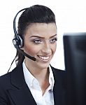 Young Business Woman With Headset Closeup Stock Photo