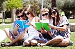 Young Couples Relaxing In Park And Reading Books Stock Photo