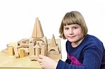 Young Dutch Girl Building Construction With Wooden Blocks Isolat Stock Photo
