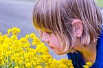 Young Girl Smelling Yellow Flowers Stock Photo