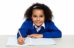 Young Girl Writing Copying Notes From The Whiteboard Stock Photo