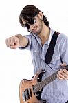 Young Guitarist With Pointing Finger Stock Photo
