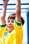 Young Kid Hanging On Jungle Gym Stock Photo