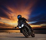 Young Man Riding Big Bike Motorcycle Leaning Curve On Asphalt Hi Stock Photo
