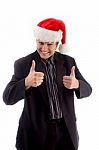 Young Man Wearing Christmas Hat Stock Photo