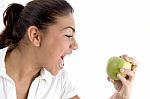 Young Model Going To Eat Apple Stock Photo