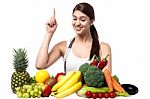 Young Smiling Woman With Fruits And Vegetables Stock Photo