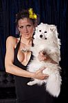 Young Widow Woman In Sexy Black Dress Hold In Hands White Dog Stock Photo