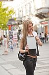 Young Woman Holding Tablet Stock Photo