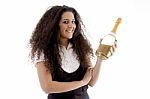 Young Woman Holding Wine Bottle Stock Photo