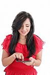 young Woman pressing Tablet PC Stock Photo