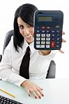 Young Woman Showing Calculator Stock Photo