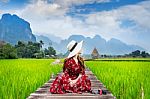 Young Woman Sitting On Wooden Path With Green Rice Field In Vang Vieng, Laos Stock Photo
