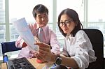 Younger Man And Woman Meeting In Office Working Table Scene For People Business Lifestyle Stock Photo